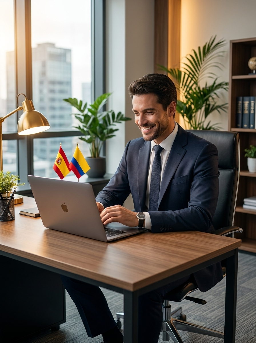 Abogado colombiano en videollamada con cliente en España